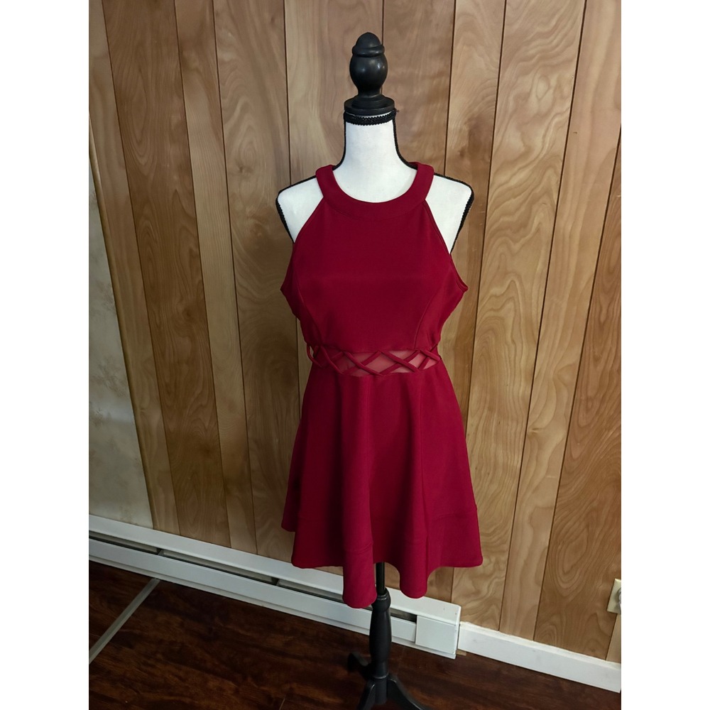 Honey and Rosie Burgundy Red Halter Skater Dress Lattice Waist XL Sleeveless